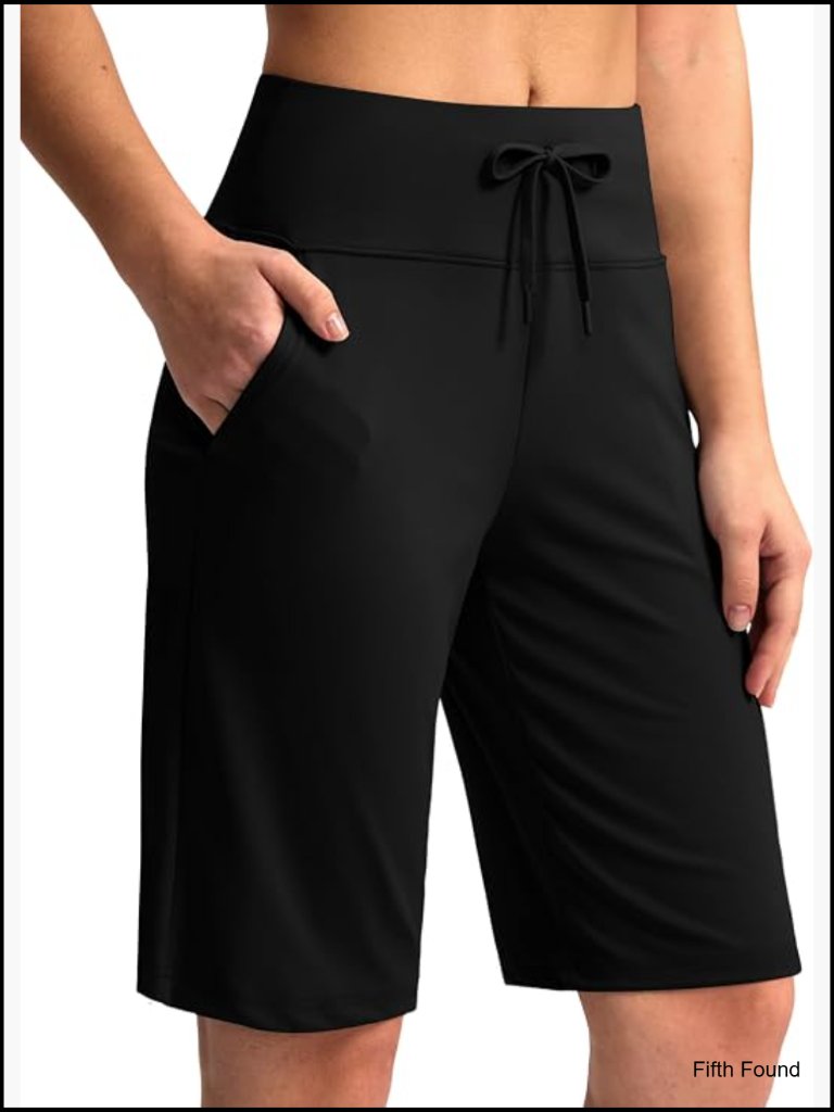 11" Inseam Bermuda Shorts With Pockets High Rise Stretch Drawstring Women's